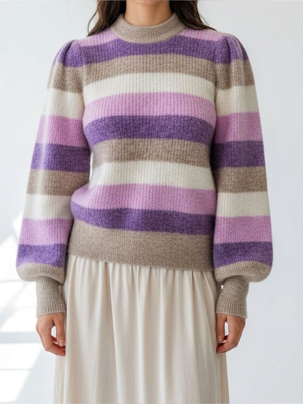 GANNI Balloon Sleeve Wool-Blend Striped Sweater, Violet Tulip, XS